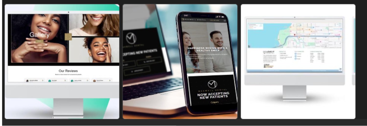 Dental practice websites designed by MediaNV shown on laptop, phone and desktop