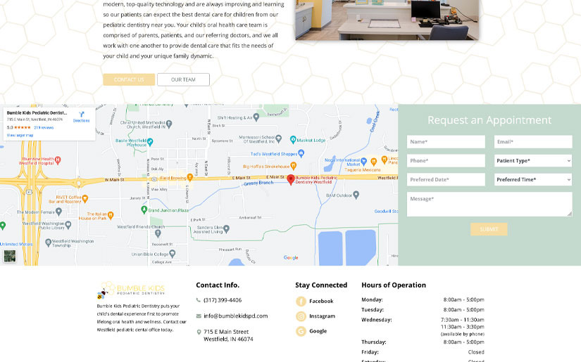 Westfield Pediatric Dentistry website with map and appointment form